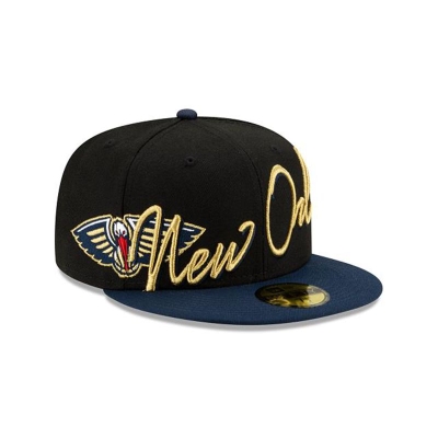 Black New Orleans Pelicans Hat - New Era NBA Cursive 59FIFTY Fitted Caps USA3704965